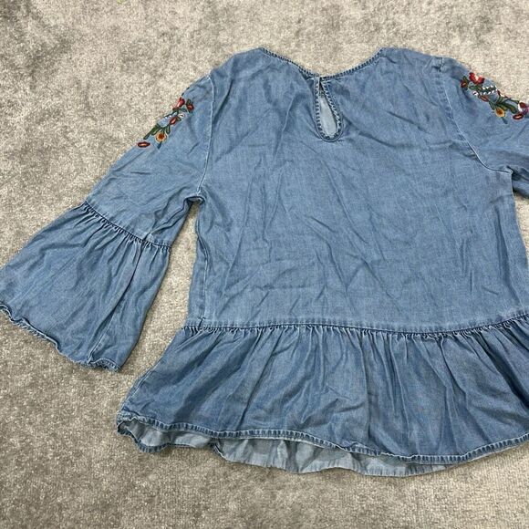 BeachLunchLounge Embroidered Peplum Chambray Blouse  Flare Bell Sleeve Small - Picture 14 of 15